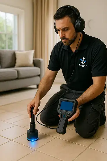 מומחה לאיתור נזילות מתחת לריצפה מבצע בדיקה מקצועית עם ציוד תרמי