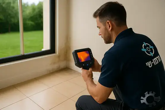 מומחה בודק רטיבות קפילרית בקיר באמצעות מצלמה תרמית מקצועית