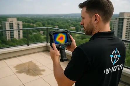 מומחה בודק רטיבות מתחת לריצוף עם מצלמה תרמית