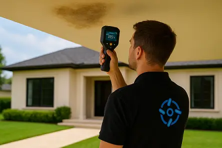 מומחה בודק תקרה עם מד לחות לצורך גילוי רטיבות סמויה