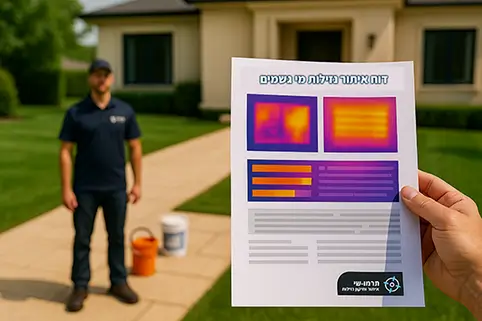 דו"ח איתור נזילות מי גשמים באמצעות מצלמה תרמית, ברקע טכנאי באתר לקוח פרטי