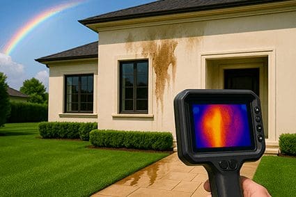 מצלמה תרמית מאתרת חדירת מי גשמים בקיר חיצוני של בית מגורים, עם כתמי רטיבות גלויים וקשת ברקע