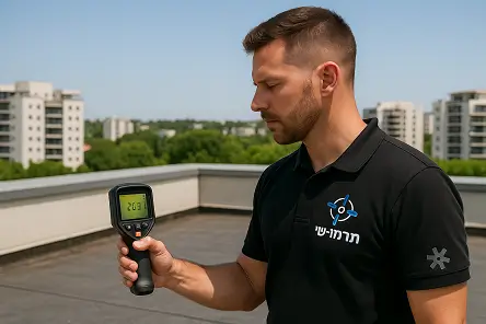בודק מומחה מאתר חדירת מים בגג הבניין באמצעות ציוד מקצועי