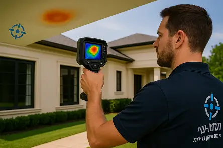 מומחה בודק תקרה עם מצלמה תרמית לאיתור רטיבות נסתרת
