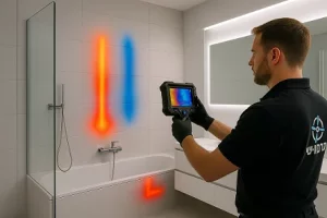 בדיקת רטיבות מתחת לאמבטיה באמצעות מצלמה תרמית – הדמיה של מים חמים וקרים בקיר