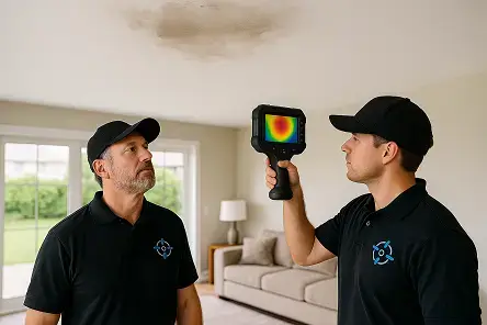 שני מומחים מבצעים בדיקת רטיבות בקיר לאיתור נזילה סמויה