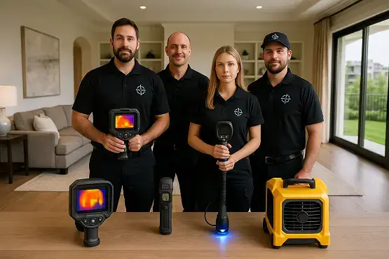 צוות מומחים מבצע בדיקת רטיבות מתחת לריצוף באמצעות ציוד מקצועי