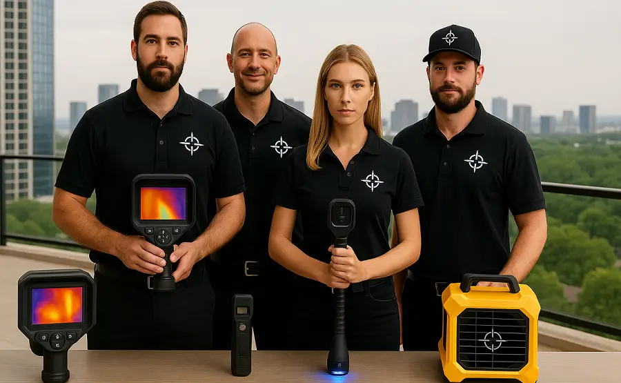 צוות מומחים לאיתור נזילות מים עם מצלמות תרמיות על רקע תל אביב