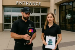 נציגי תרמו־שי מציגים מצלמה תרמית ודוח איתור נזילות בכניסה למבנה ציבורי