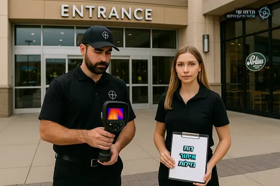 נציגי תרמו־שי מציגים מצלמה תרמית ודוח איתור נזילות בכניסה למבנה ציבורי