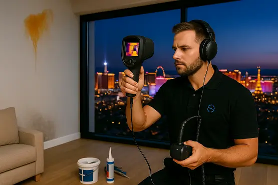 בודק נזילות מים בתרמו־שי עם מצלמה תרמית וציוד אקוסטי במסגרת מדיניות אתיקה מקצועית