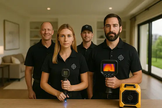 צוות תרמו־שי מבצע מדידת רטיבות ובדיקת נזילות מים עם מצלמה תרמית כחלק ממדיניות משוב בר ביצוע