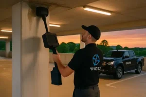 בודק נזילות מים של תרמו־שי בשטח פתוח עם מכשיר הדמיה מתקדם במסגרת עבודת שטח מקצועית