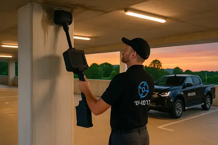 בודק נזילות מים של תרמו־שי בשטח פתוח עם מכשיר הדמיה מתקדם במסגרת עבודת שטח מקצועית